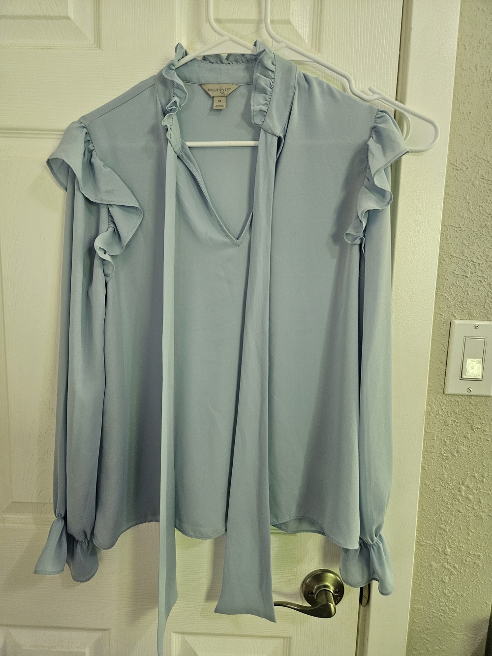 Ruffled Tie-Neck Long Sleeve Blouse - Light Blue - Picture 1 of 8